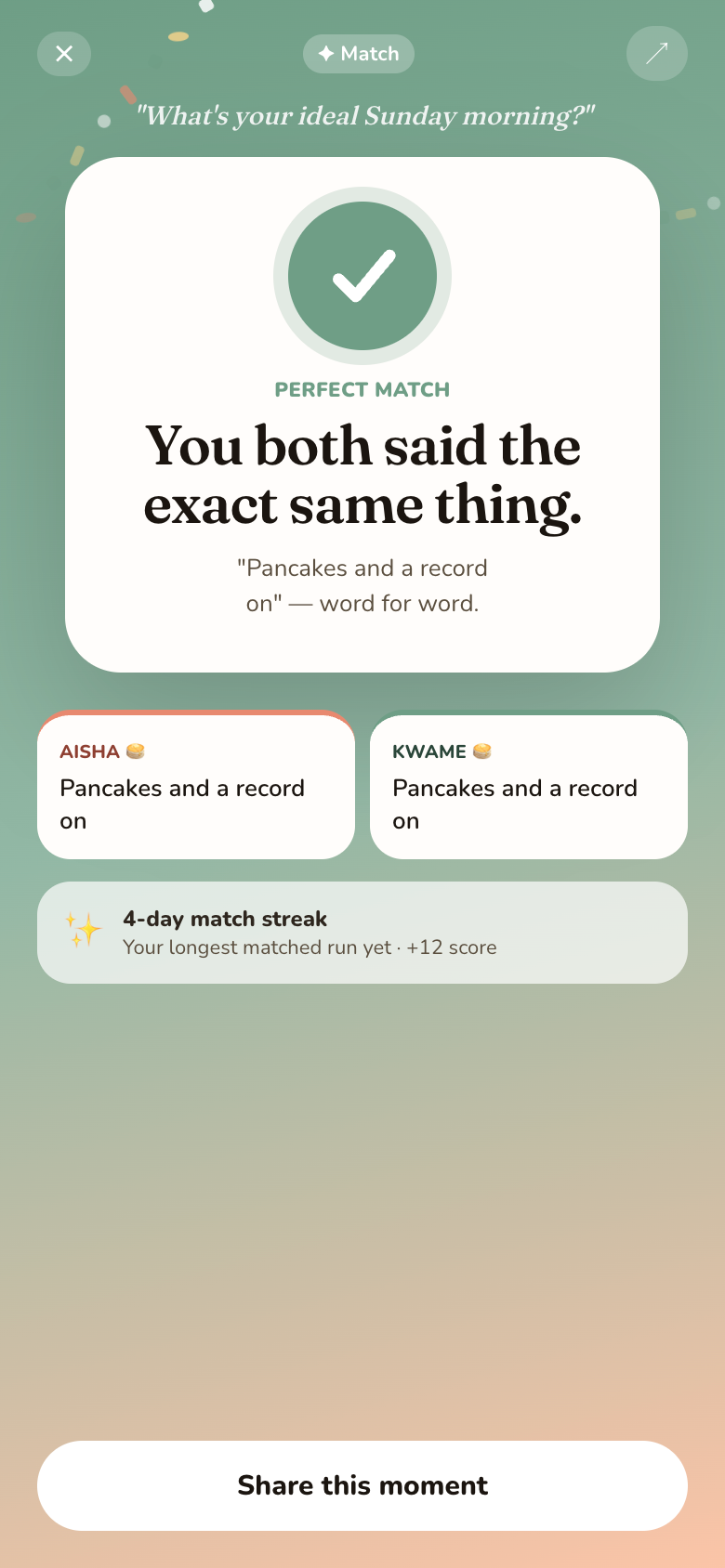 Match reveal screen: “Perfect match — you both said the exact same thing”, with both answers shown side by side